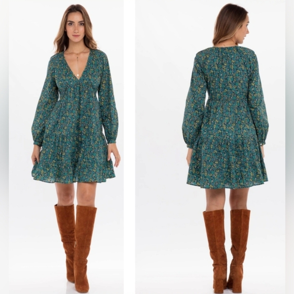 Banjanan Hilary Mini Dress In Hedgehog Dark Denim Floral V-neck Size Small - Picture 1 of 14
